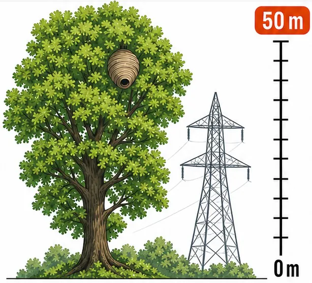 Arbre avec un nid en hauteur, pylône électrique et repère de 50 mètres